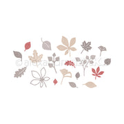 Eine bunte Auswahl handgezeichneter Herbstblätter und Blumen in sanften Beige-, Braun- und Rottönen auf weißem Hintergrund – ideal zur Kombination mit den Designpapieren 200 g oder für Ihre Lieblingsprojekte mit „Stanzen aus Stahl“.