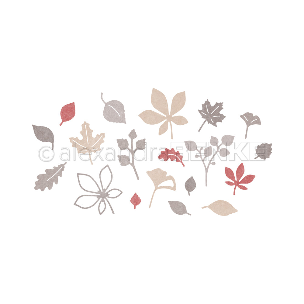 Eine bunte Auswahl handgezeichneter Herbstblätter und Blumen in sanften Beige-, Braun- und Rottönen auf weißem Hintergrund – ideal zur Kombination mit den Designpapieren 200 g oder für Ihre Lieblingsprojekte mit „Stanzen aus Stahl“.