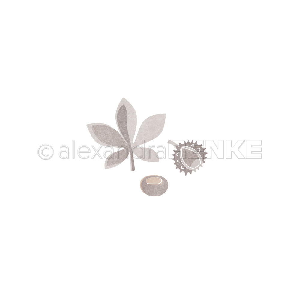 Minimalistische Illustration eines Blattes, eines Samens und einer stacheligen Schote, alles in gedeckten Grautönen auf weißem Hintergrund – ideal, um Ihren Designpapieren natürliche Eleganz zu verleihen oder in Kombination mit Stanzsystemen wie dem Motivstanze-Kastanien-Set zu verwenden.
