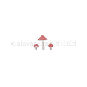 Drei rot-weiße Pilze mit Stielen, abgebildet auf einem schlichten weißen Hintergrund – ideal für die Verwendung mit Stanzsystemen wie der Motivstanze „Kleines Pilz-Trio“, um einzigartige Stanzmotive für Designpapiere zu gestalten.