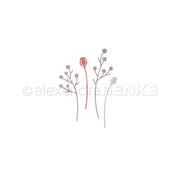 Minimalistische Zeichnung von drei zarten Blumenstielen, von denen einer eine rote Knospe trägt, auf weißem Hintergrund – die perfekte Inspiration für Designpapiere oder als dezentes Motiv für Ihr nächstes Projekt mit der Motivstanze „Zierzweige“.