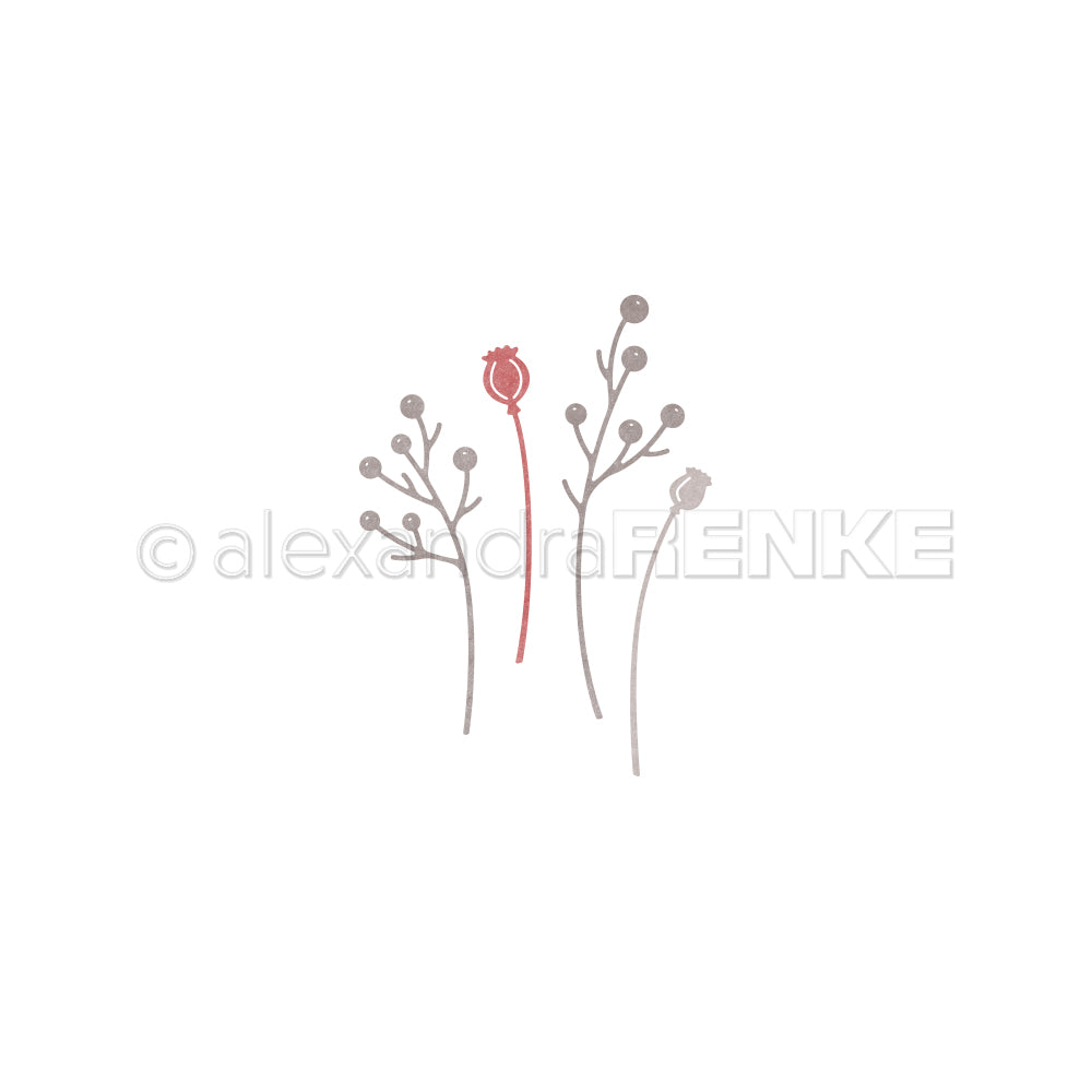 Minimalistische Zeichnung von drei zarten Blumenstielen, von denen einer eine rote Knospe trägt, auf weißem Hintergrund – die perfekte Inspiration für Designpapiere oder als dezentes Motiv für Ihr nächstes Projekt mit der Motivstanze „Zierzweige“.