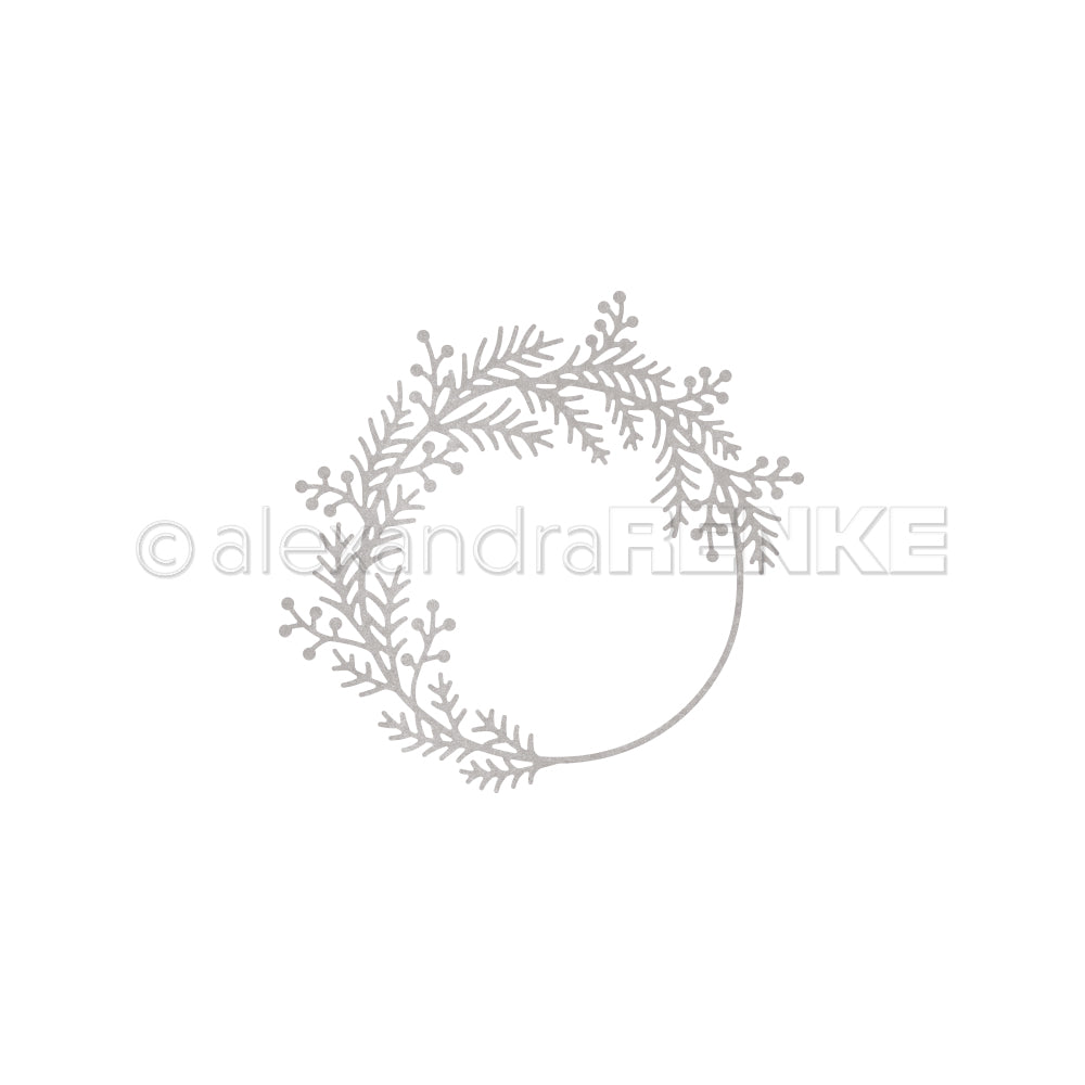 Eine kreisförmige Tannenkranz-Strichzeichnung aus Kiefernnadeln und Beeren mit dem Alexandra-Renke-Logo.
