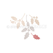 Aquarellillustration von Stechpalmenblättern und -beeren in neutralen Farbtönen mit einem roten Blatt, die häufig für Designpapiere verwendet wird.