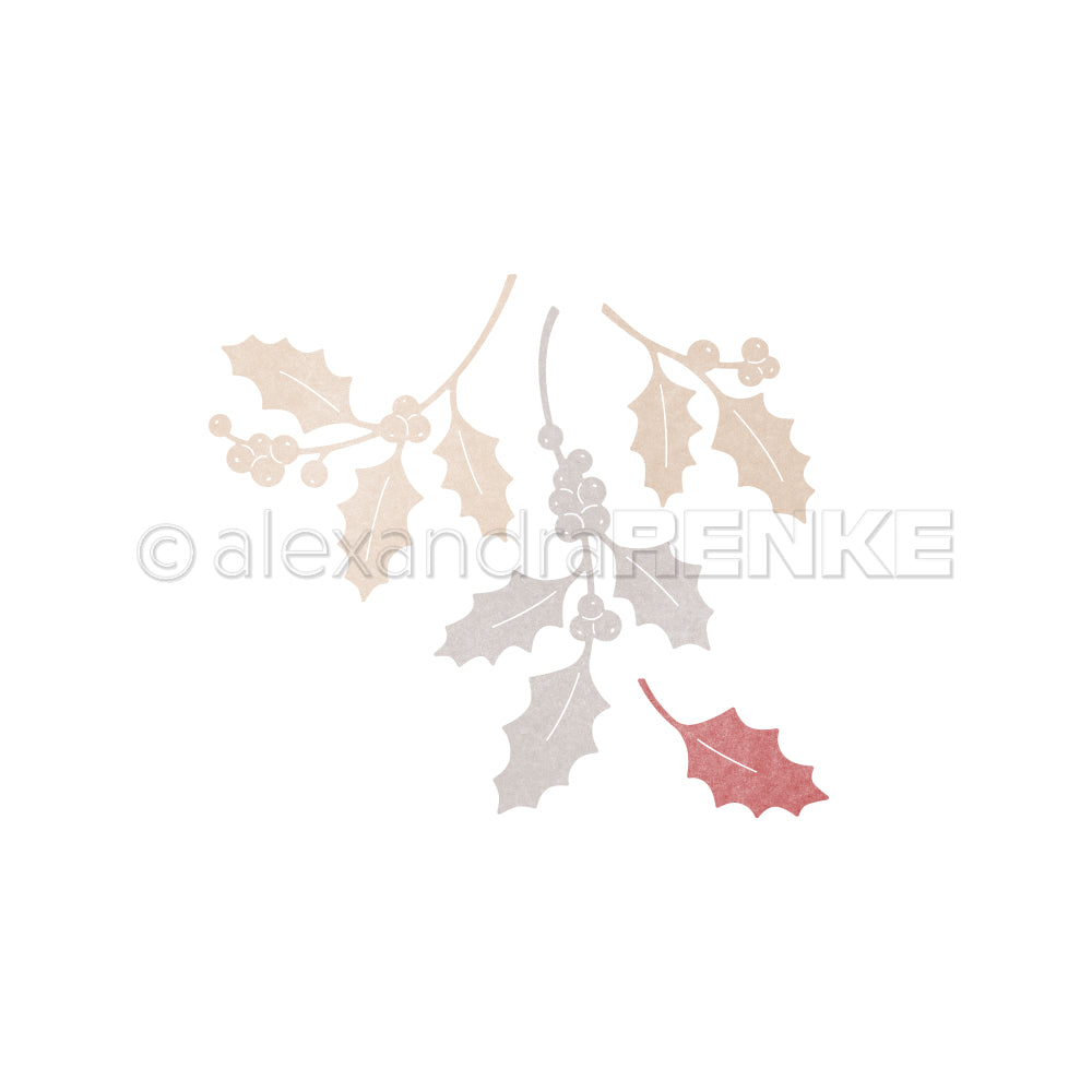 Aquarellillustration von Stechpalmenblättern und -beeren in neutralen Farbtönen mit einem roten Blatt, die häufig für Designpapiere verwendet wird.