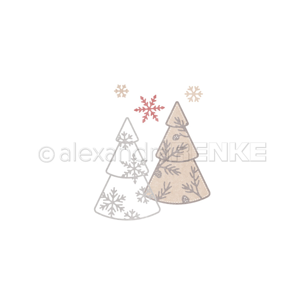 Zwei stilisierte Illustrationen von „DieCut Systeme“-Weihnachtsbäumen mit Schneeflocken-Akzenten.