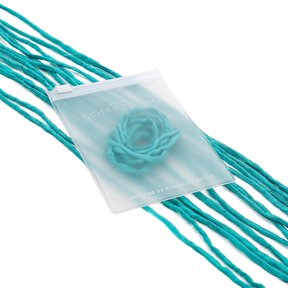 Ein durchscheinender Beutel von ☆ mit türkisfarbenen Seidenschnur-Fäden und einem Rosenmotiv, auf dessen Vorderseite „A Little SOMETHING“ steht. Dieses handgenähte Accessoire eignet sich perfekt für elegante Geschenkverpackungen.