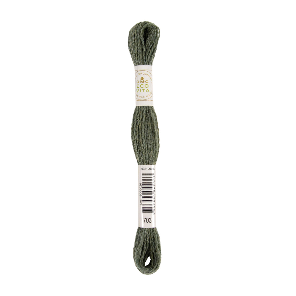 Ein Strang grünes Stickgarn der Marke DMC Eco Vita mit Barcode und der Farbnummer 703 – dieses Stickgarn eignet sich ideal für Ihre umweltfreundlichen Projekte. Es besteht aus natürlich gefärbtem Garn, besticht durch leuchtende Farben und unterstützt gleichzeitig nachhaltige Handwerkspraktiken.