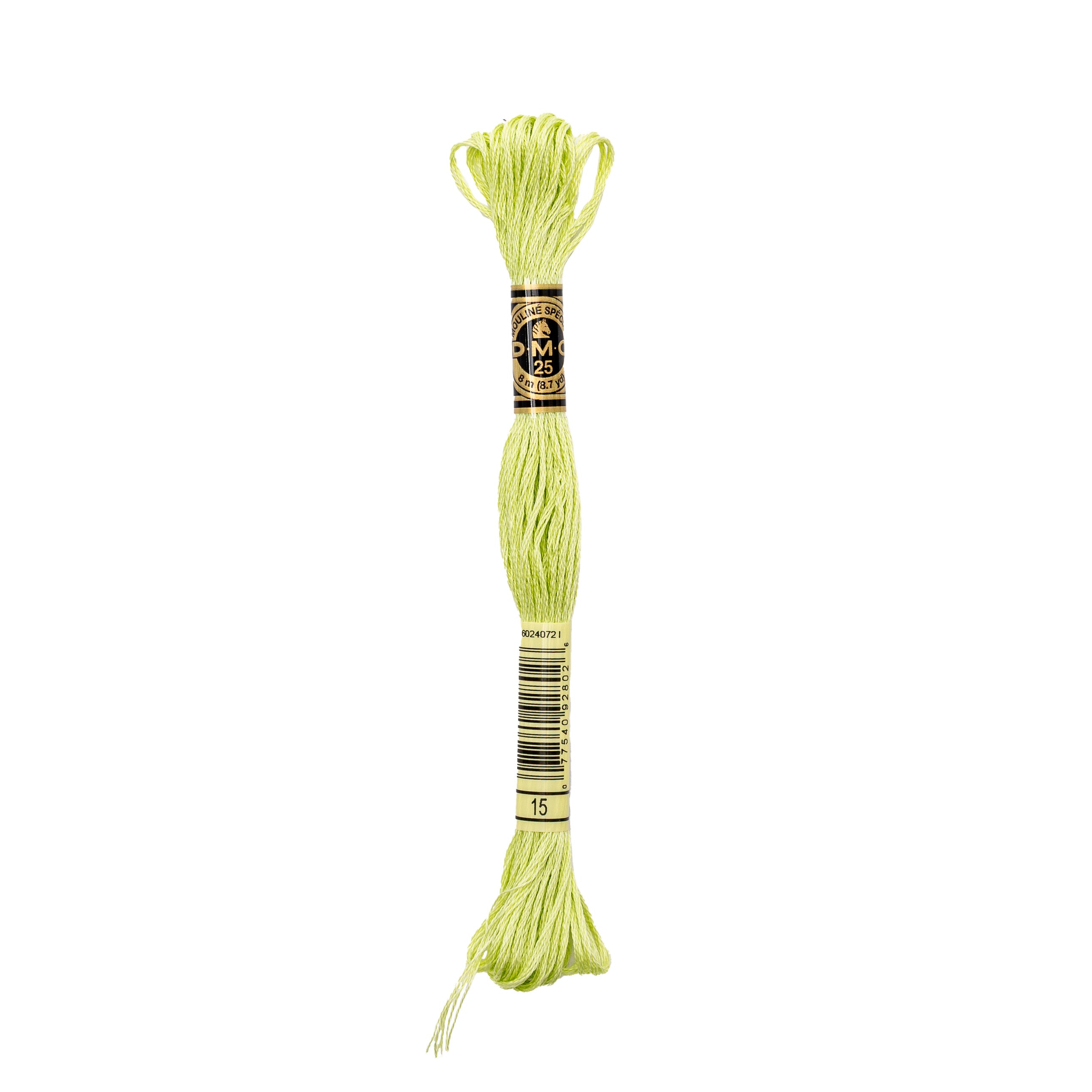 Ein Strang hellgelber DMC Stickgarn-Stickgarn mit einem schwarz-goldenen Etikett und Barcode.