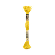 Ein Strang gelbe DMC-Stickgarns mit einem schwarz-goldenen Etikett ist auf weißem Hintergrund abgebildet.