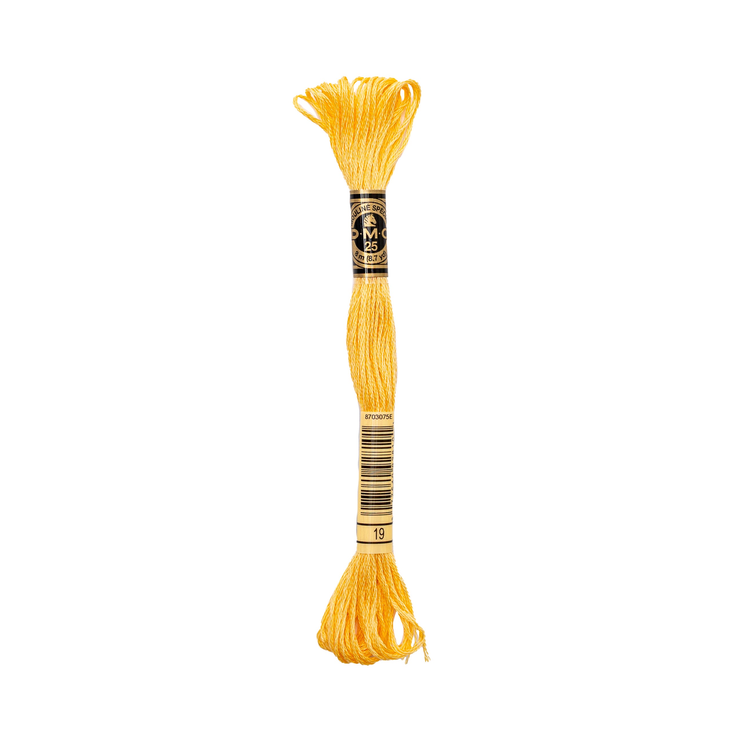 DMC gelbe Mouliné-Baumwollstickgarnsträhne mit einem schwarz-goldenen Etikett auf weißem Hintergrund.