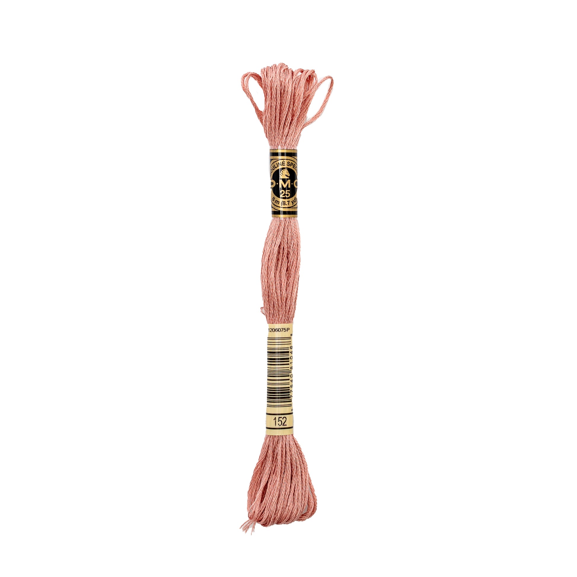 Ein Strang DMC Mouliné Garn Stickgarn, Farbe 152 in Rosa, mit goldenen und schwarzen Etiketten - ideal für detaillierte Handarbeitsprojekte.