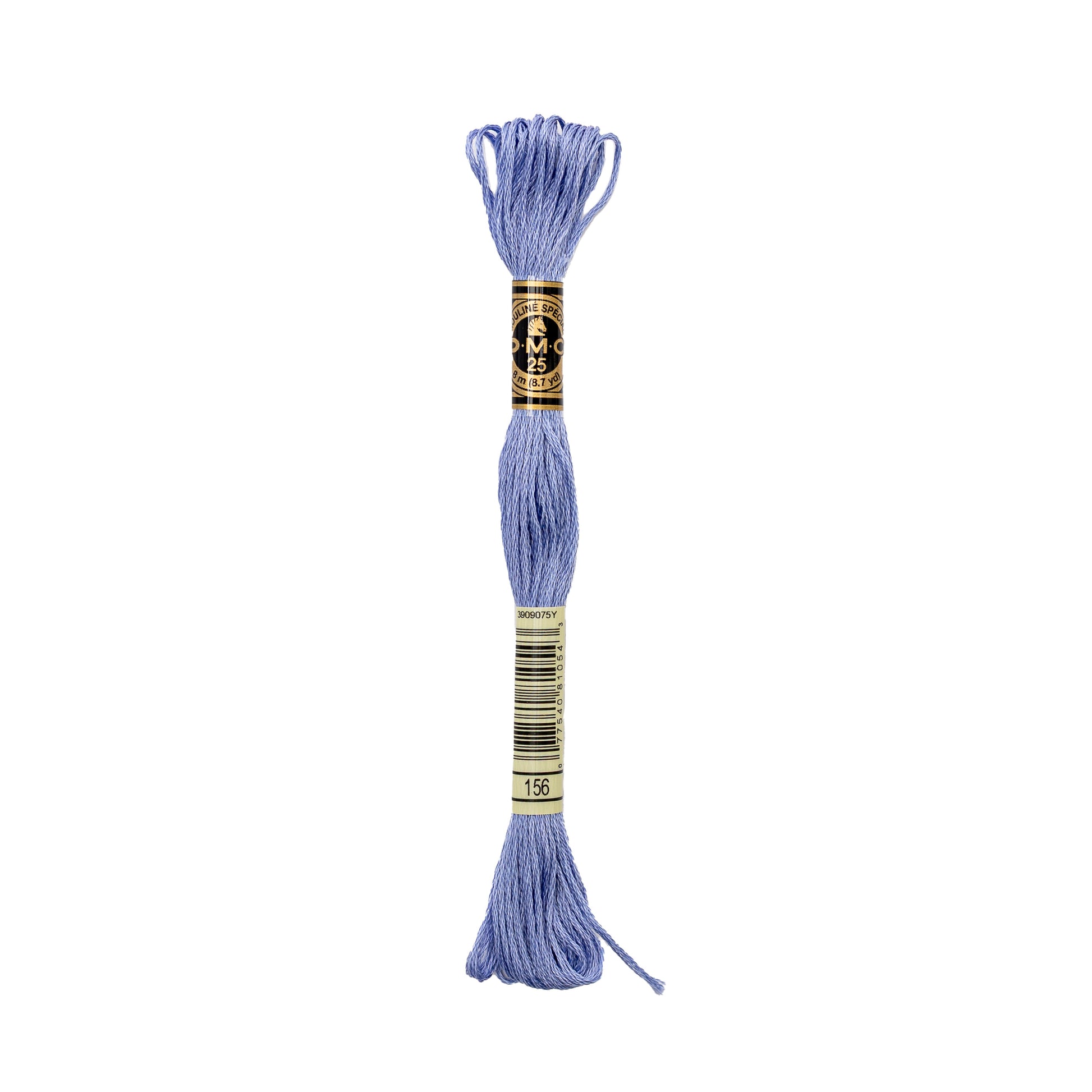 Hellviolette DMC Mouliné-Stickgarnsträhne mit schwarz-goldenem Etikett aus 100% Baumwolle, abgebildet auf einem weißen Hintergrund.