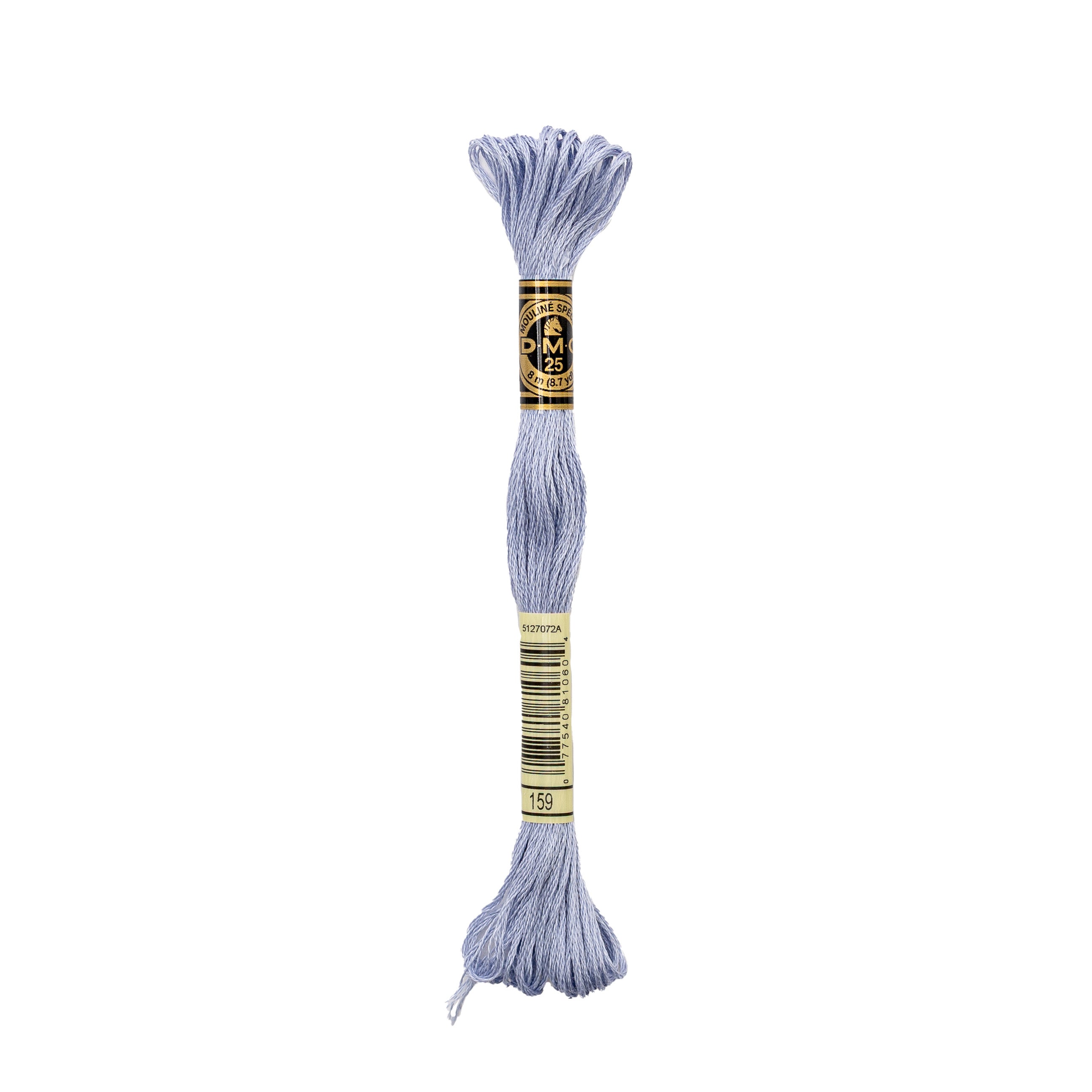 Ein Strang DMC-Stickgarn in hellem Lavendel (Mouliné Garn 117MC-159), mit Etiketten in der Mitte verpackt.