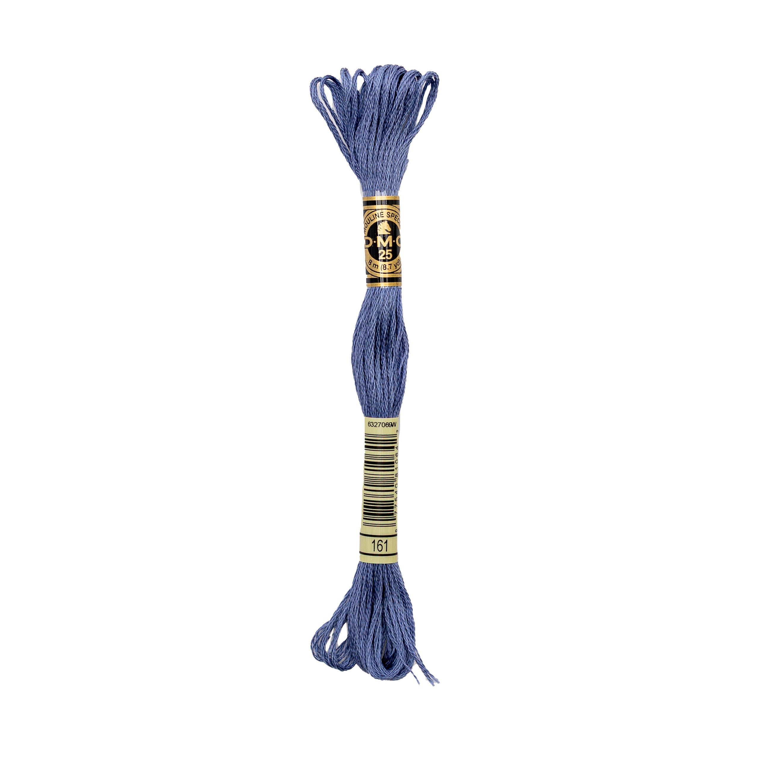 Ein Strang blaue DMC Mouliné-Stickereiwatte aus 100% Baumwolle mit schwarz-goldenem Etikett und der Nummer 161.