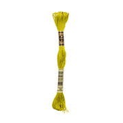 Ein Strang gelber DMC Stickgarn-Stickgarn, hergestellt aus 100% Baumwolle, mit Etiketten an beiden Enden und isoliert auf einem weißen Hintergrund.