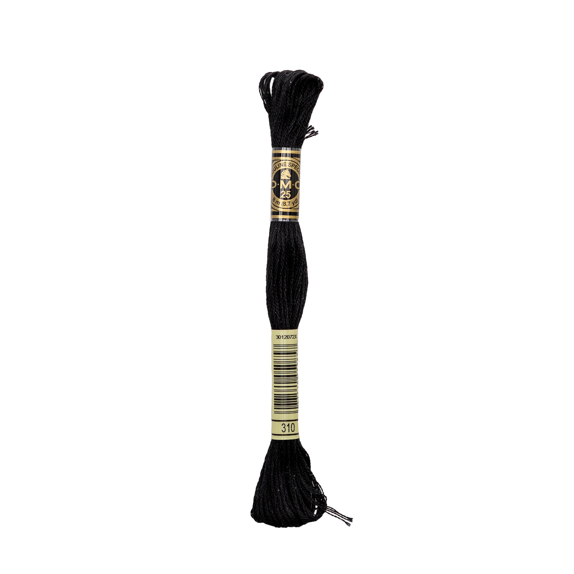 Ein Strang DMC-Stickgarn, Farbe 310 schwarz (117MC-310), ist auf weißem Hintergrund abgebildet.