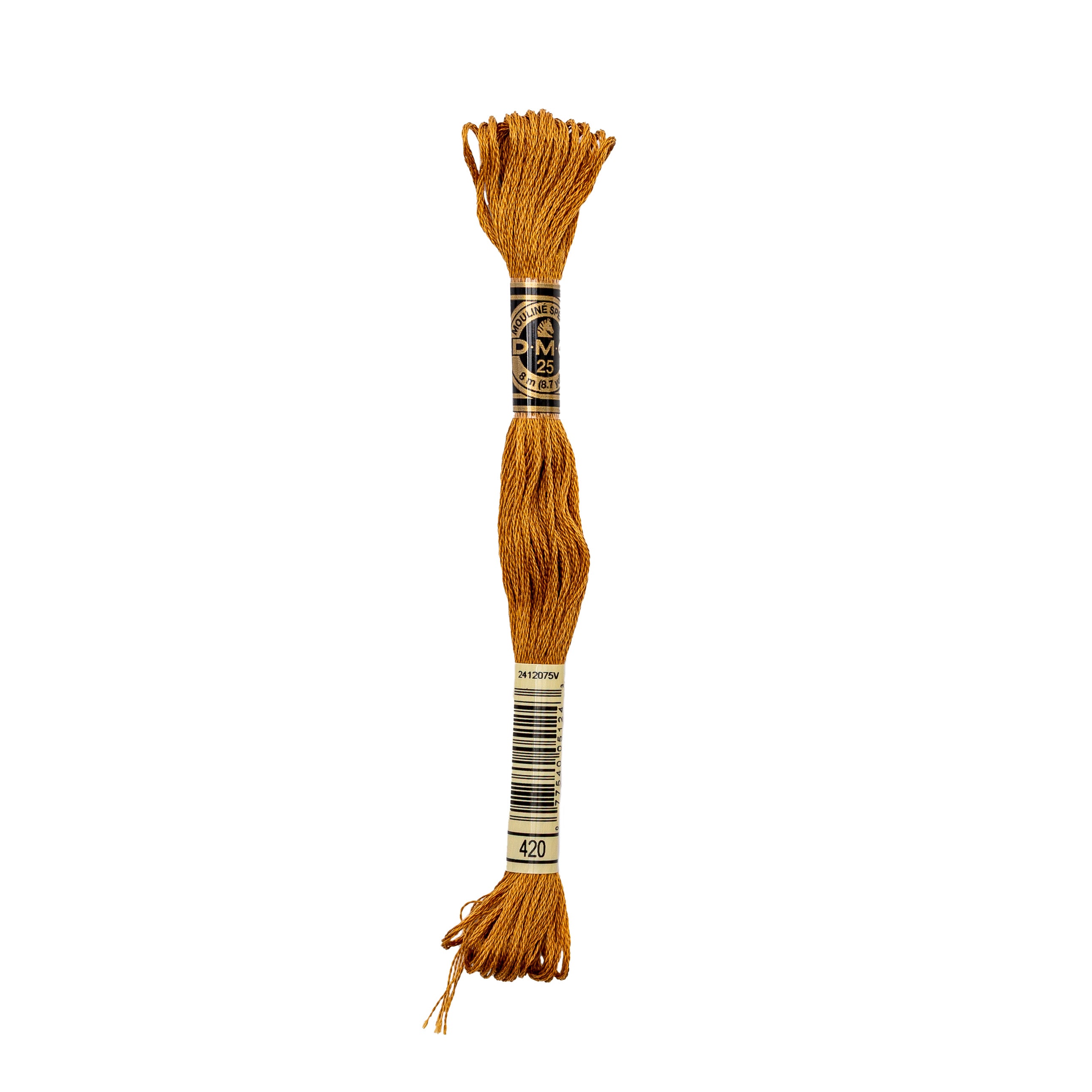 Ein Strang DMC Stickgarn, Farbe 420 (goldbraun), hergestellt aus 100% Baumwolle. Dieses teilbare Garn ist ideal für Stickereiprojekte.