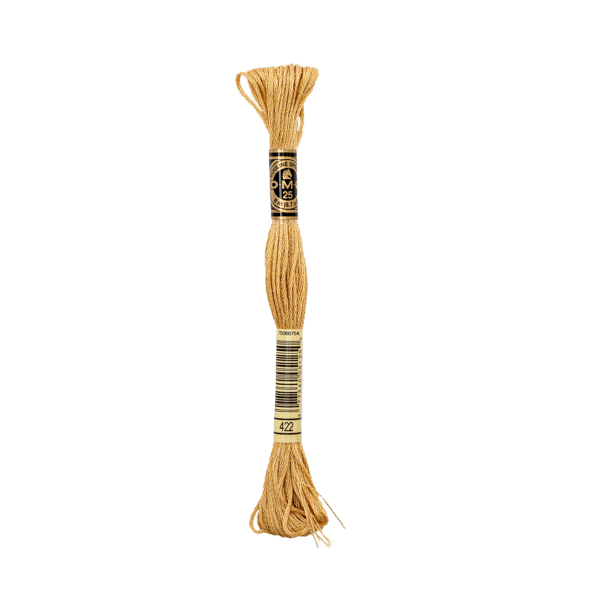 Ein Strang DMC Mouliné Garn Stickgarn, hellbraune Farbe 422, mit schwarzen und goldenen Bändern, hergestellt aus 100% Baumwolle Stickgarn.