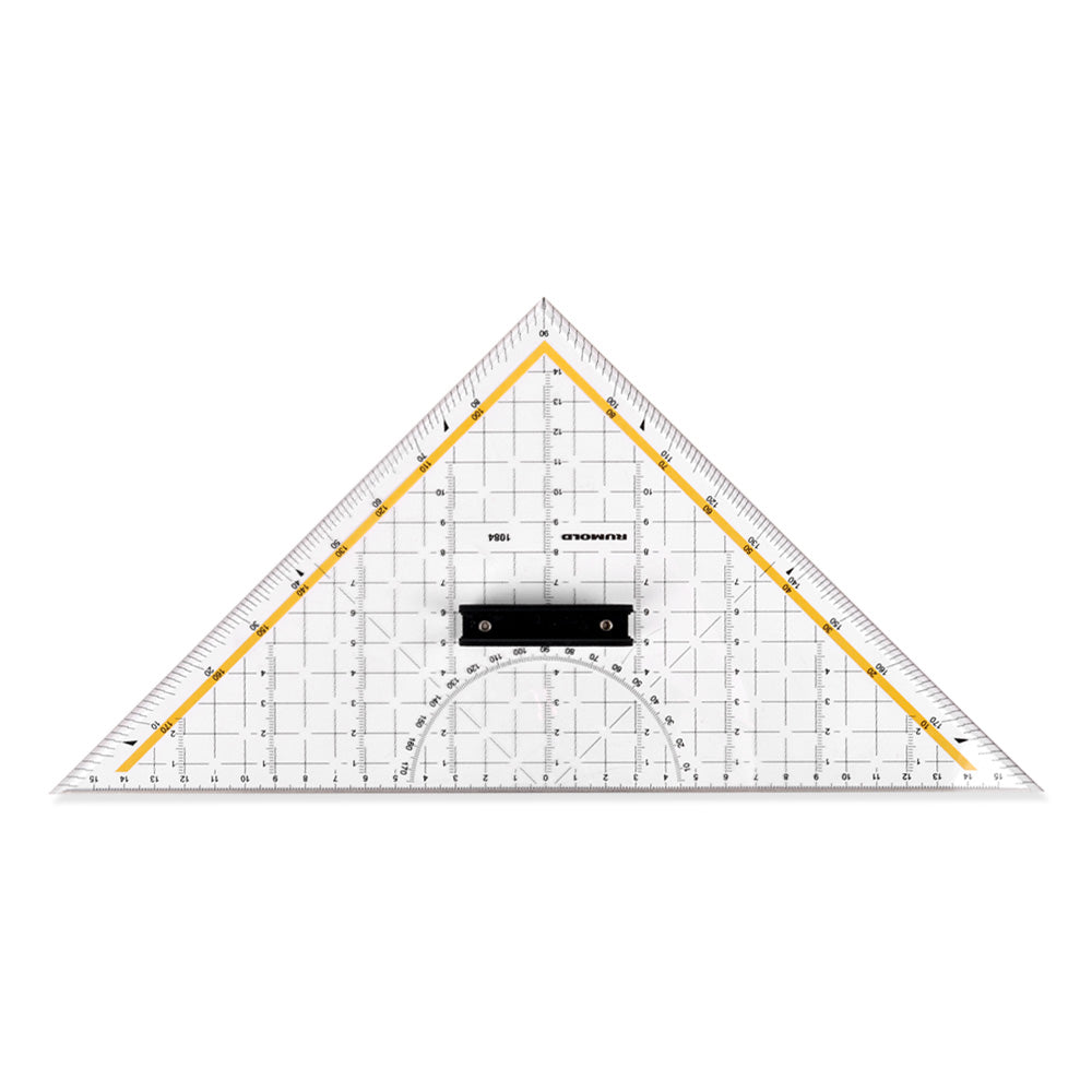 Klares technisches Zeichendreieck aus Acrylglas von Rumold mit Gitternetzlinien, Winkelmesser-Markierungen, einer Stahlschneide und einem zentralen schwarzen Griff.