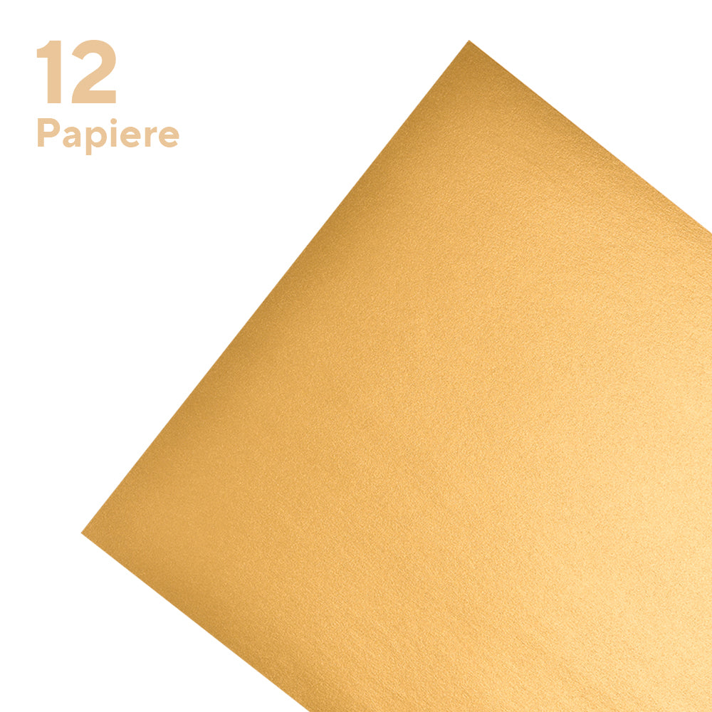 Ein einzelnes goldfarbenes Glanzpapierblatt von ☆ mit "12 Papiere" in der linken oberen Ecke, abgebildet auf weißem Hintergrund und FSC-zertifiziert.