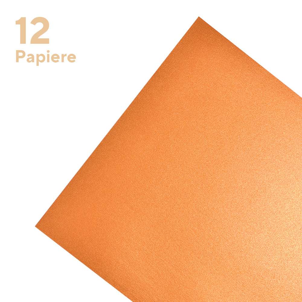 Schimmerndes orangefarbenes Glanzpapier-Quadrat von ☆ mit "12 Papiere" oben links, ideal für Laserdrucker, abgebildet auf weißem Hintergrund.
