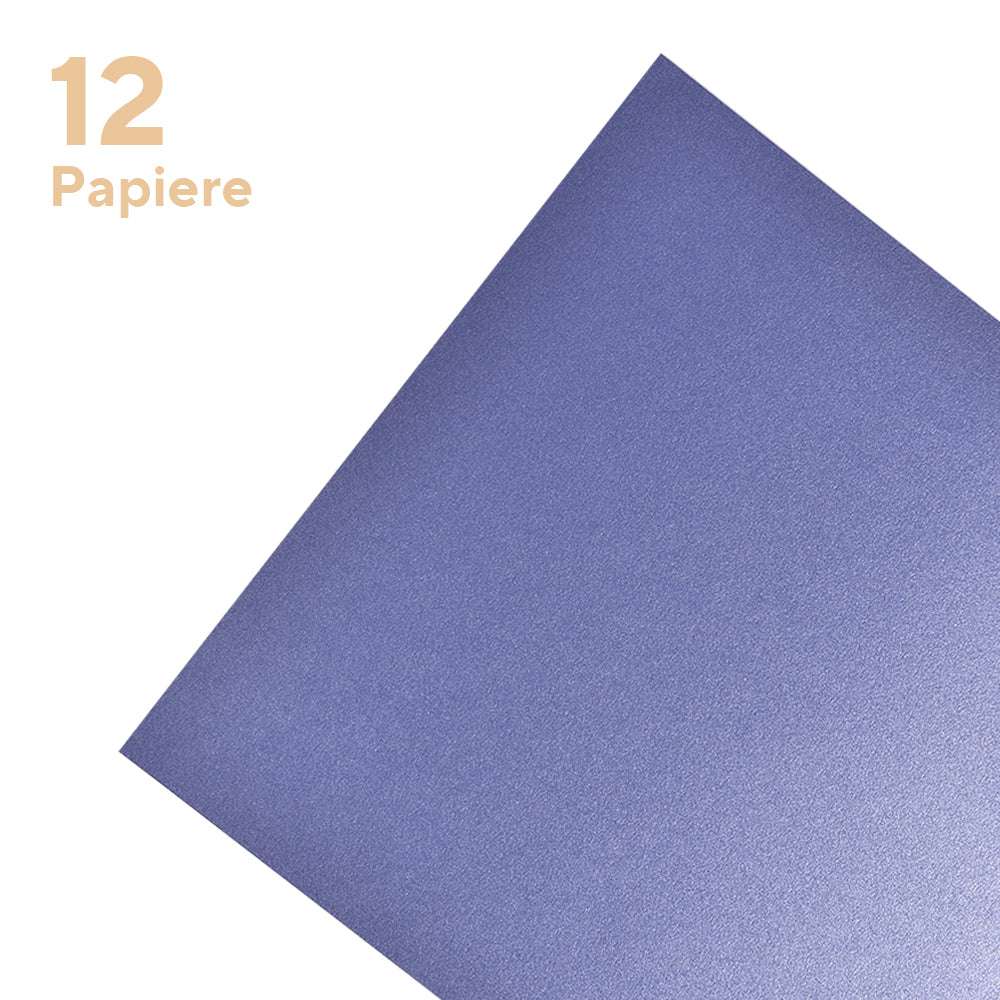 Ein violettes Blatt Papier der Marke ☆ auf weißem Hintergrund mit dem Text "12 Papiere in beige" in der linken oberen Ecke. Das Blatt ist FSC-zertifiziert.