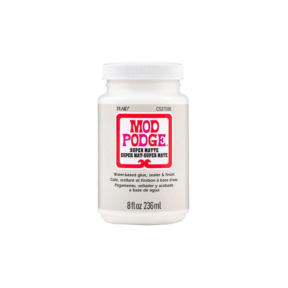 Ein Plaid Mod Podge Super Matte Bastelkleber, Versiegelung, und Finish, 8 fl oz (236 ml), mit einem weißen Deckel.