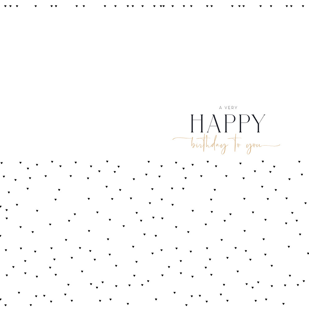 Minimalistische Geburtstagskarte mit kleinen schwarzen Herzen und dem Text A very happy birthday to you in eleganter Schrift.