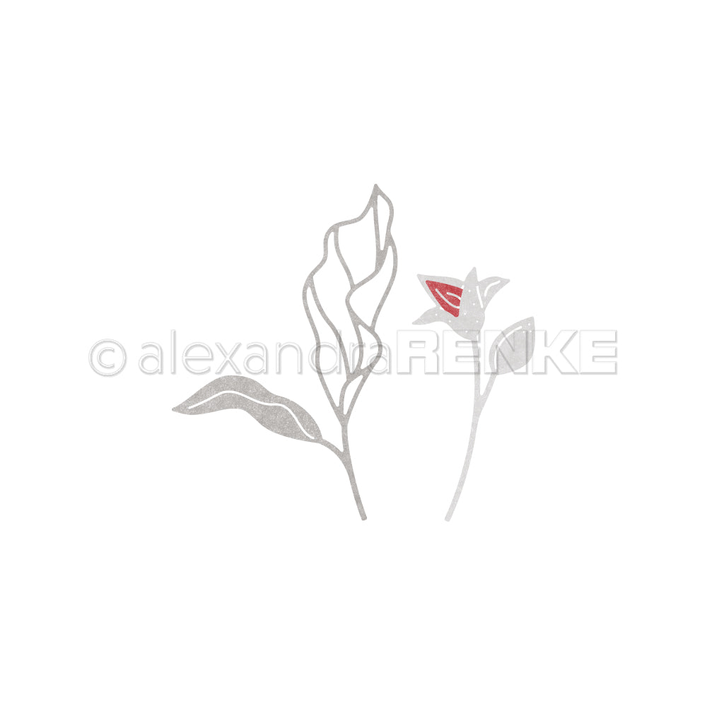 Minimalistische Zeichnung von zwei zarten Blättern, eines davon mit einer kleinen roten Blütenknospe, inspiriert durch das Duo Alexandra Renke Bucheckernzweig, auf weißem Hintergrund.