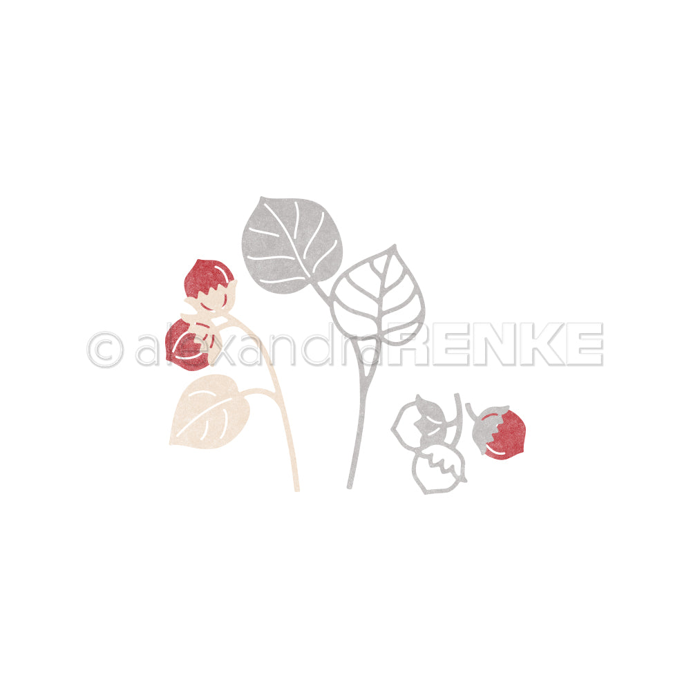 Minimalistische Illustration von Beeren und Blättern in gedämpften Rot- und Grautönen auf Weiß, perfekt für Designpapiere oder als Inspiration für Ihr nächstes DieCut Systeme Projekt von Alexandra Renke.