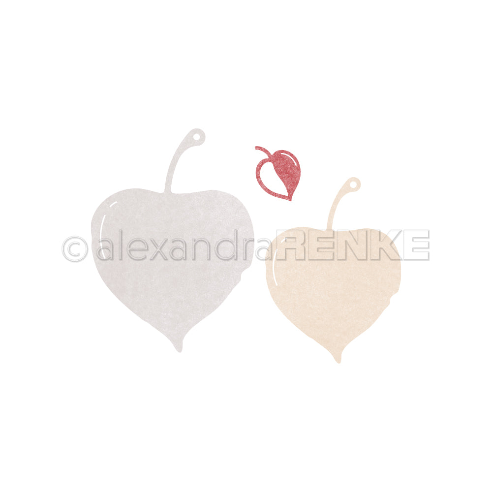 Drei herzförmige Blätter - ein graues, ein beiges und ein kleines rotes - auf weißem Hintergrund. Ideal für kreative Projekte mit der Motivstanze Lindenblätter von Alexandra Renke oder den DieCut Systemen für Designpapier.