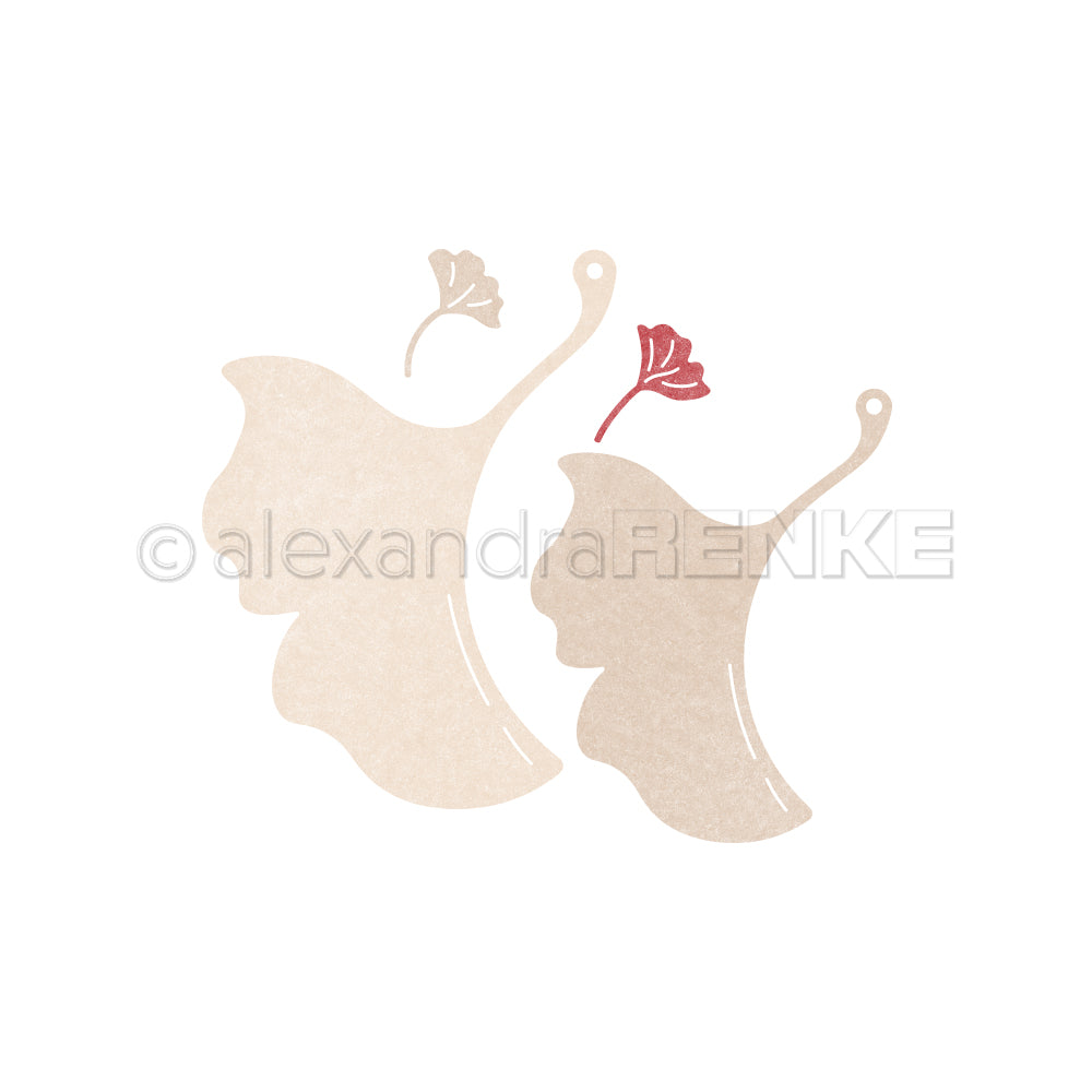 Zwei stilisierte beige und hellbraune Ginkgoblätter mit rosa Blüten auf weißem Hintergrund von Alexandra Renke, perfekt für Stanzsysteme oder als einzigartige Motivstanze Ginkoblätter Design.