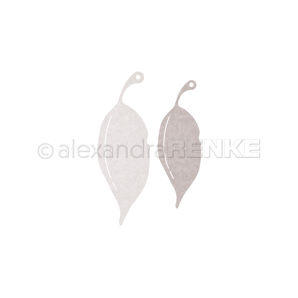 Zwei schlichte, stilisierte Blattillustrationen - eine hellgraue und eine dunklere - erscheinen auf weißem Hintergrund von Alexandra Renke, ideal für Designpapiere oder zur Verwendung mit Stanzsystemen wie der Motivstanze Buchenblätter.