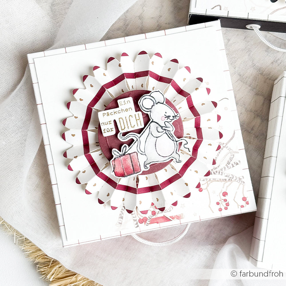 Eine quadratische Geschenkbox, verziert mit einer Papierrosette, die mit „Papierprojekte“ gestaltet wurde, mit einer Mausillustration und dem deutschen Text „Ein Päckchen für dich“.