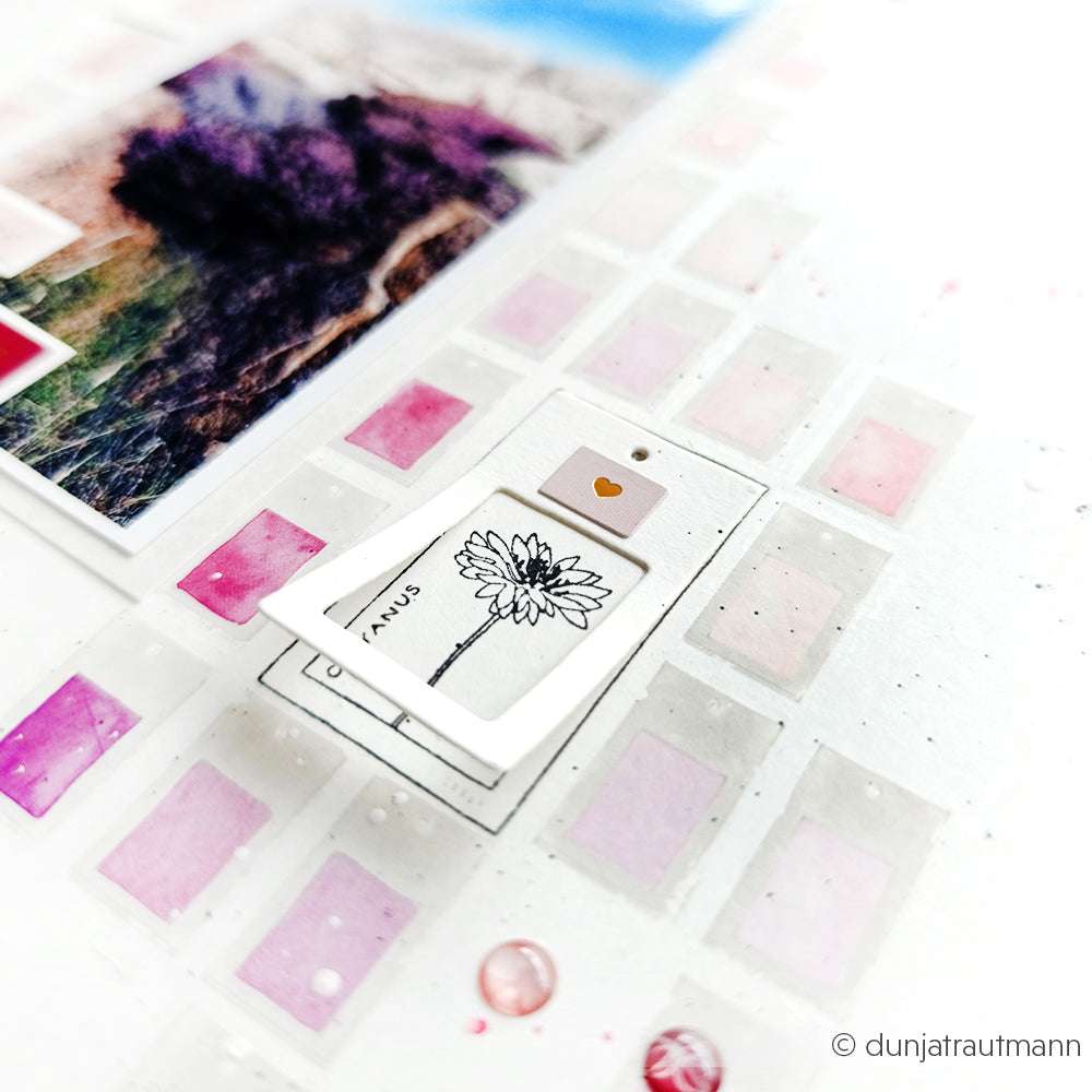 Eine Nahaufnahme einer Scrapbook-Seite mit einer Kornblume Stempel-Blumenskizze von Alexandra Renke, Pastellquadraten und einem Naturfoto.