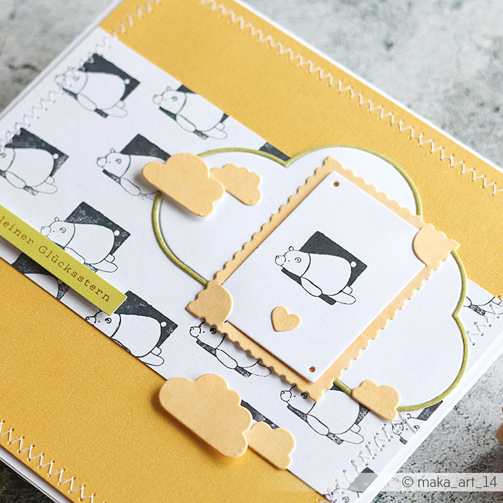 Handgefertigte Karte von Alexandra Renke mit Pandadrucken, gelben Wolken, einem Herz und dekorativen Nähten auf gelbem Hintergrund - perfekt für Papierprojekte oder zum Stempeln mit Ihren Lieblingsmotiven.