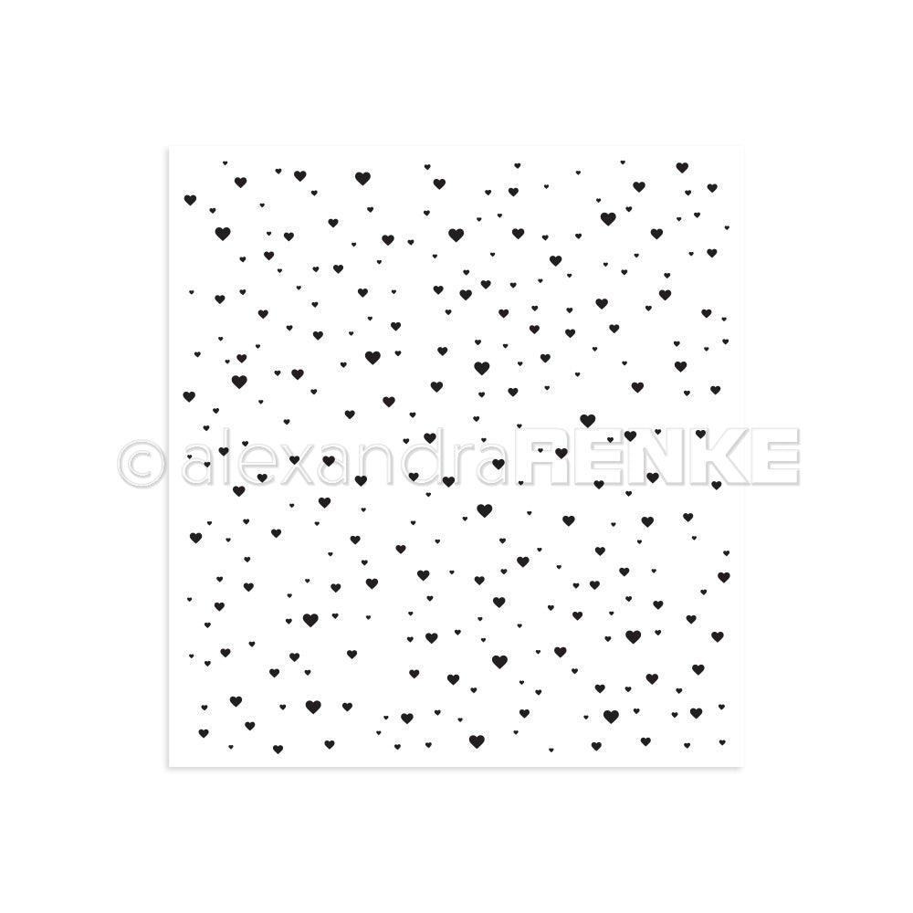 Weißer Hintergrund mit einem verstreuten Muster aus kleinen, schwarzen Herzen in verschiedenen Größen - ideal für kreative Projekte mit Alexandra Renke Photopolymer Stempel oder Herzgestöber Clear Stamps.