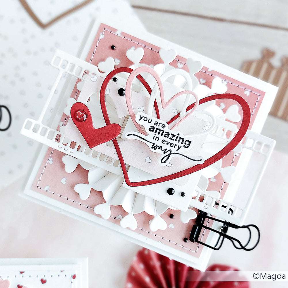 Handgefertigte Karte von Alexandra Renke mit roten und weißen Herzen, die mit Motivstanze, Herzkonfetti und dem Text "You are amazing in every way" geschichtet wurden.