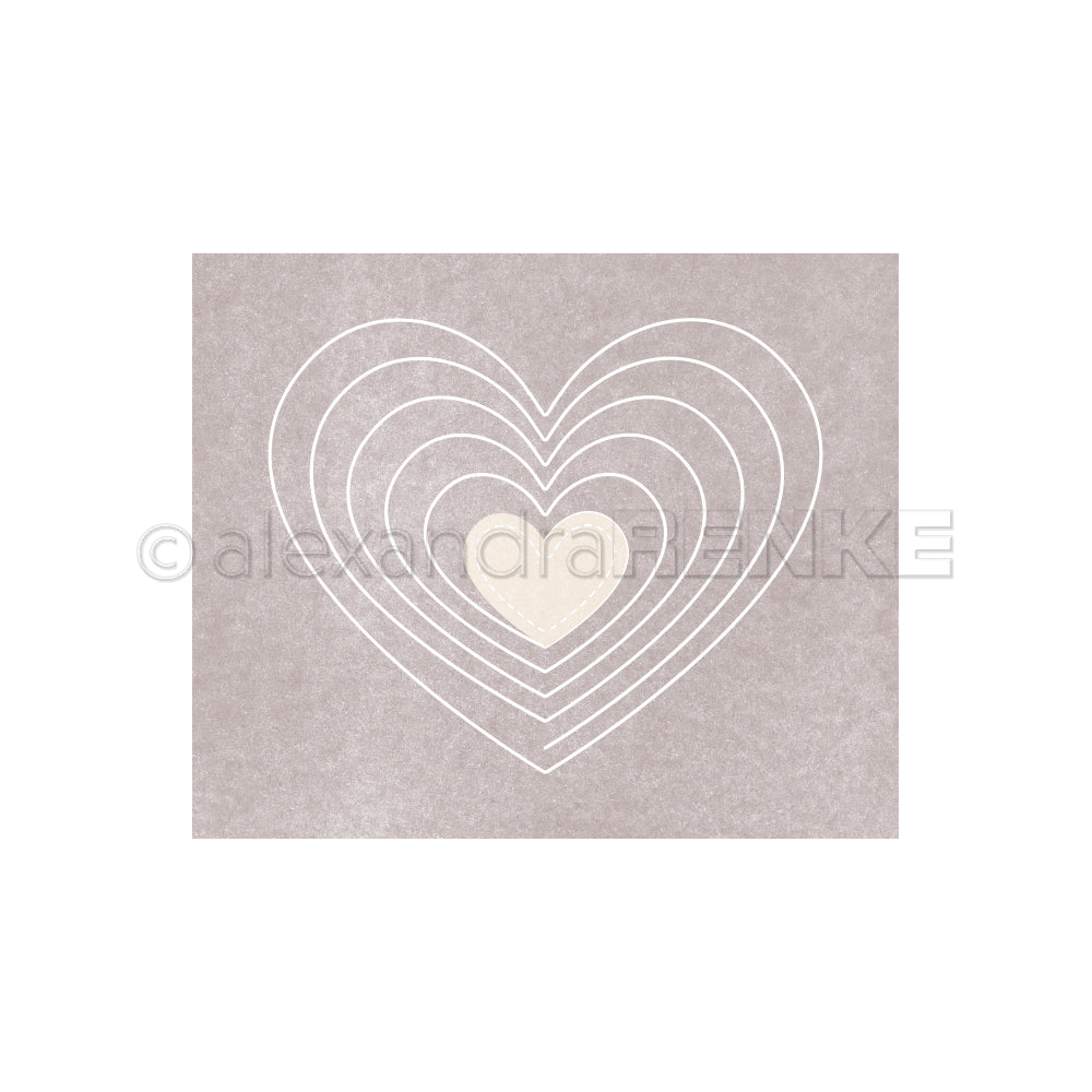 Ein beiger Hintergrund mit konzentrischen weißen Herzkonturen und einem cremefarbenen Herz in der Mitte - perfekt, um die Motivstanze Herzspirale von Alexandra Renke oder Stanzen für Designpapier in kreativen Projekten zu verwenden.