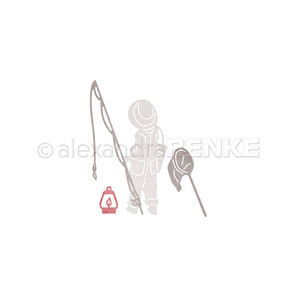 Minimalistische Zeichnung eines Kindes mit Angelrute, Netz und roter Laterne - eine ideale Inspiration für Alexandra Renke Dies oder Ihre Motivstanze Kleiner Angler in Stanzsystemen.