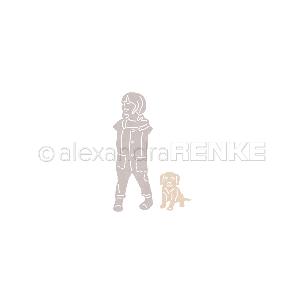 Minimalistische Illustration eines Kindes und eines kleinen Welpen, die beide nach vorne schauen, auf weißem Hintergrund - ideal als Alexandra Renke Mädchen Hund Duo Design für Ihre DieCut Systeme Projekte.