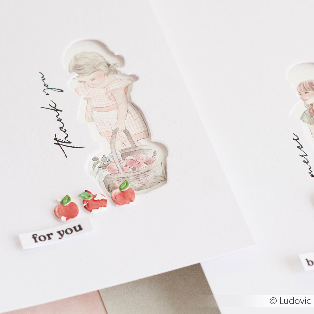 Grußkarte von Alexandra Renke mit Apfelmädchen mit Korb und Äpfeln, "Danke für dich"-Text, hergestellt aus charmantem Designpapier.