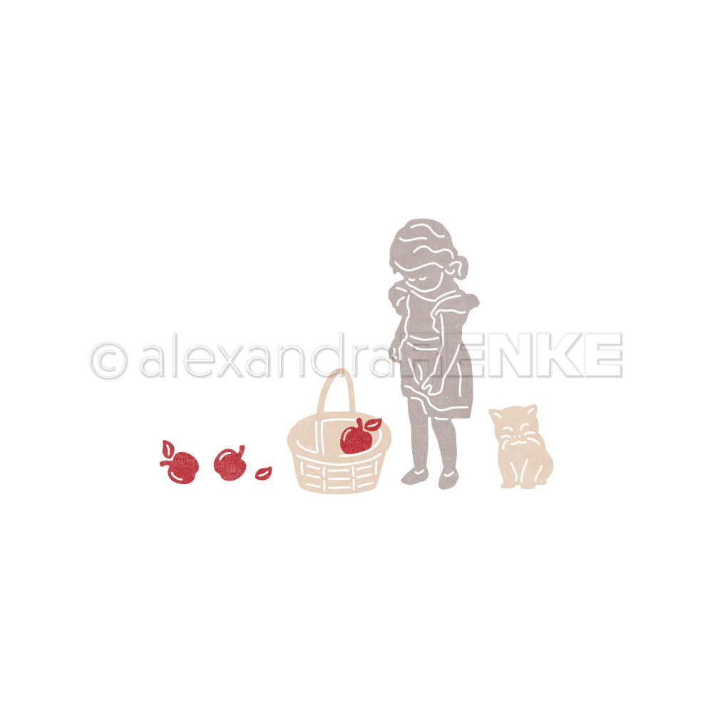 Ein Mädchen steht an einem Korb mit Äpfeln, neben ihr eine Katze - perfekt für kreative Projekte mit der Alexandra Renke Motivstanze Apfelmädchen in Papierbasteln.