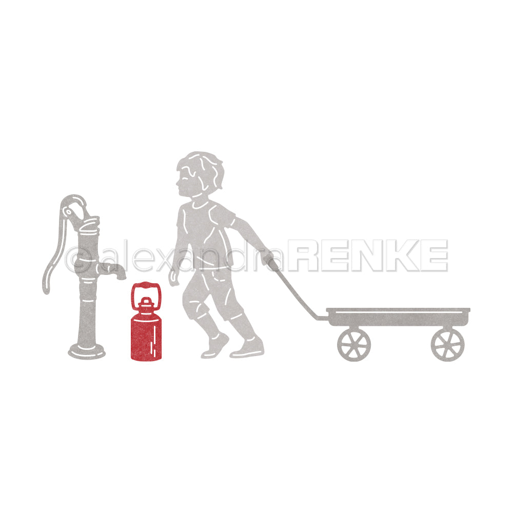 Ein Kind zieht einen Wagen neben einer Wasserpumpe und einer roten Laterne - ideal zum kreativen Basteln mit Alexandra Renke Designpapiere oder Motivstanze Wasserspiele mit Junge DieCut Systeme.