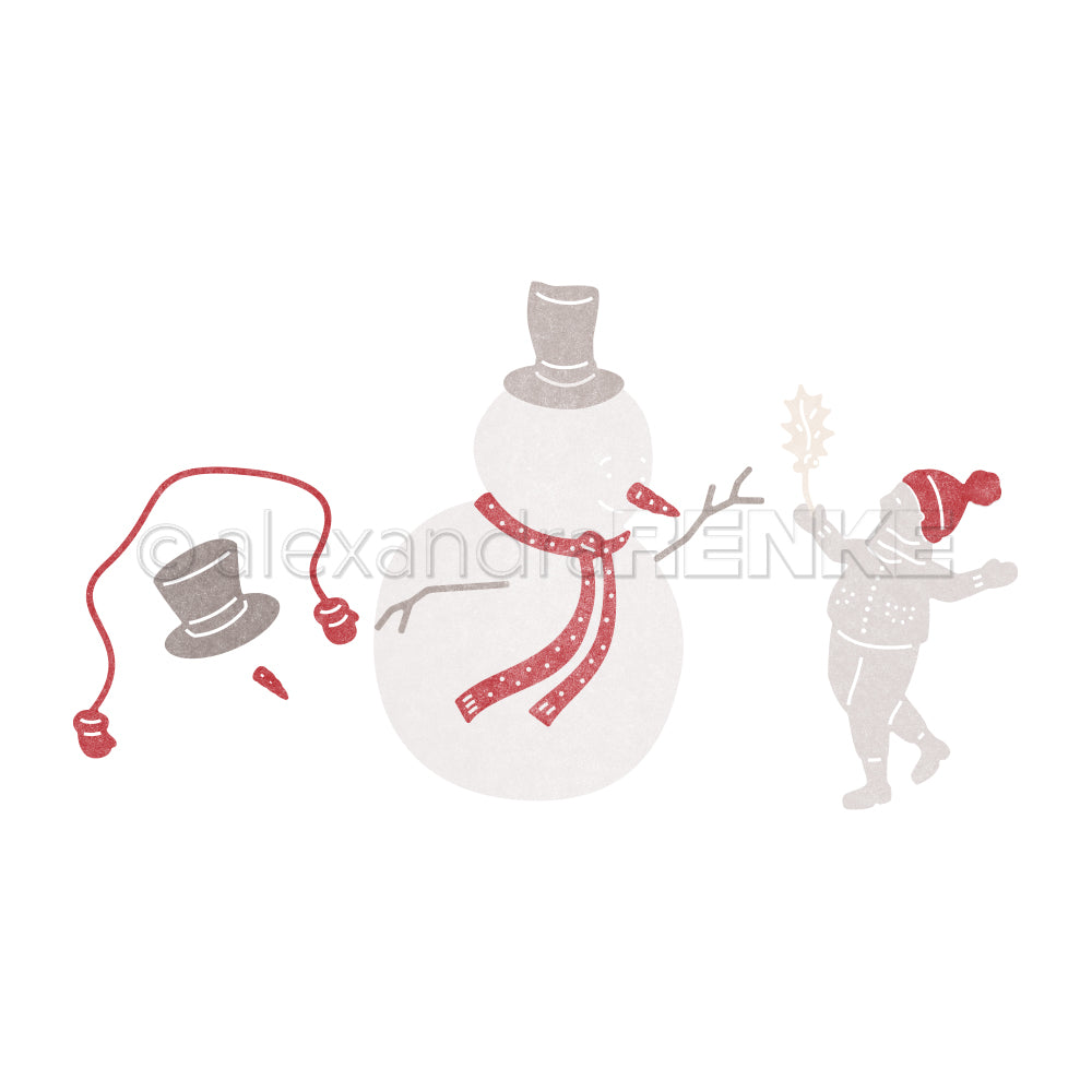 Ein Schneemann mit rotem Schal wirft seinen Hut nach einem rennenden Kind mit roter Mütze und Schal und fängt damit den spielerischen Geist von Alexandra Renkes Motivstanze Schnee-Freunde ein.