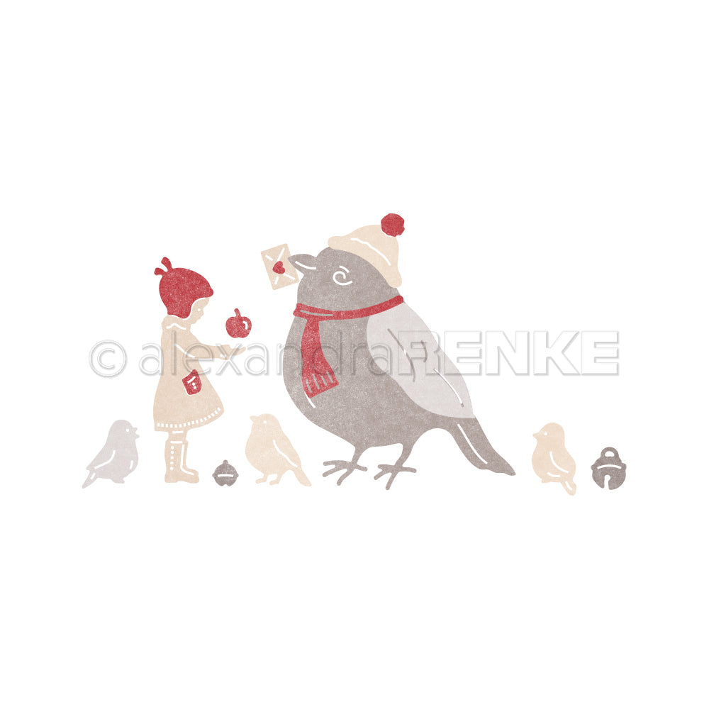 Ein Kind in Winterkleidung gibt einem Vogel mit Hut einen Apfel, umgeben von kleineren Vögeln - mit der Alexandra Renke Motivstanze Kind mit Vögelchen aus 100 % Stahl verleihen Sie Ihren Bastelarbeiten einen winterlichen Charme.
