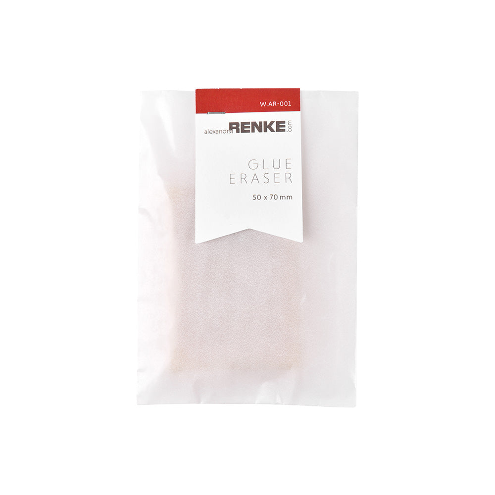 Abgebildet ist ein verpackter ☆ Radierer für Klebereste (50 x 70 mm), ideal zum Entfernen von Klebstoff bei Bastelprojekten, auf weißem Hintergrund.