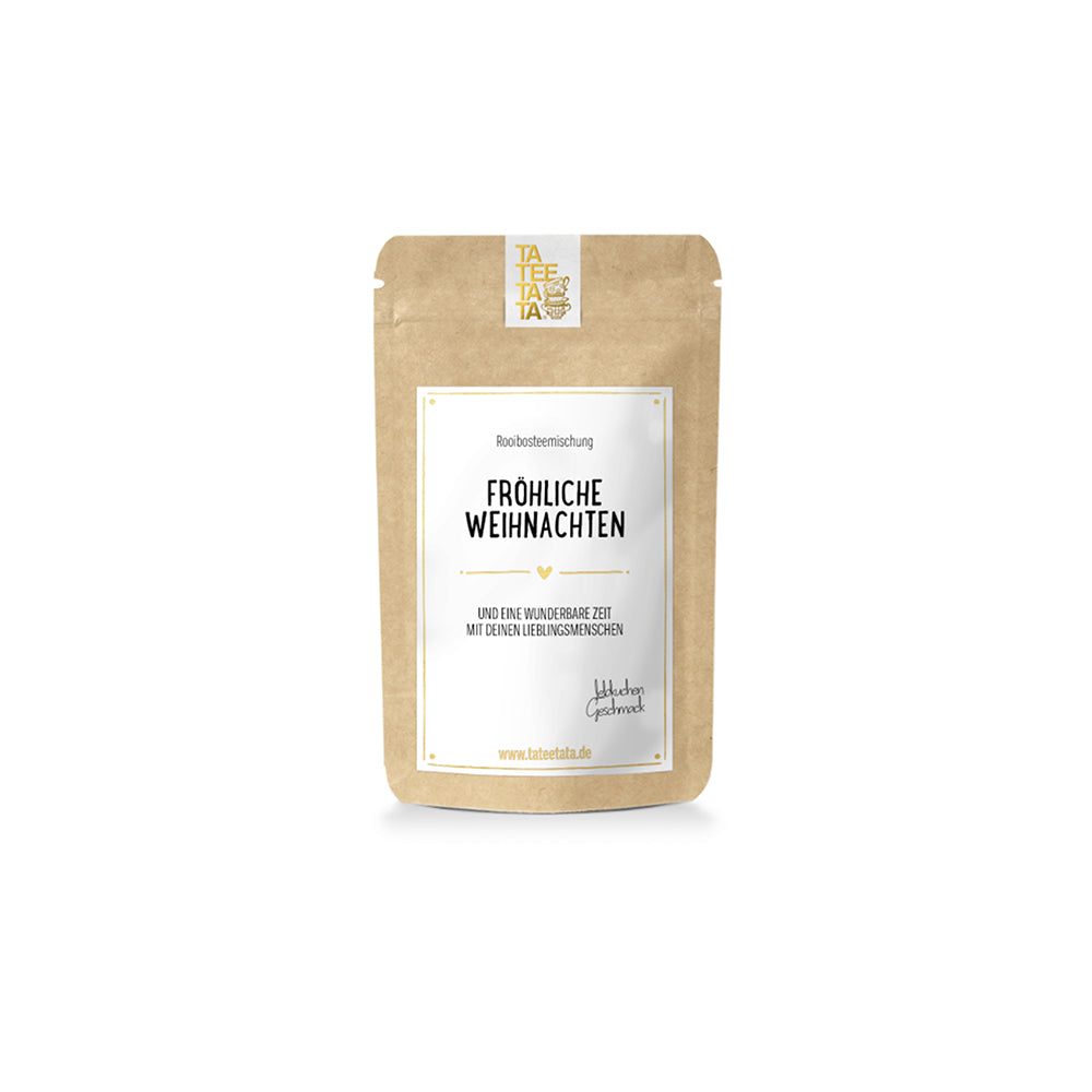 Ein Beutel „Tatetata“ – eine winterliche Teemischung, ein Rooibos-Tee mit der Aufschrift „Fröhliche Weihnachten“.