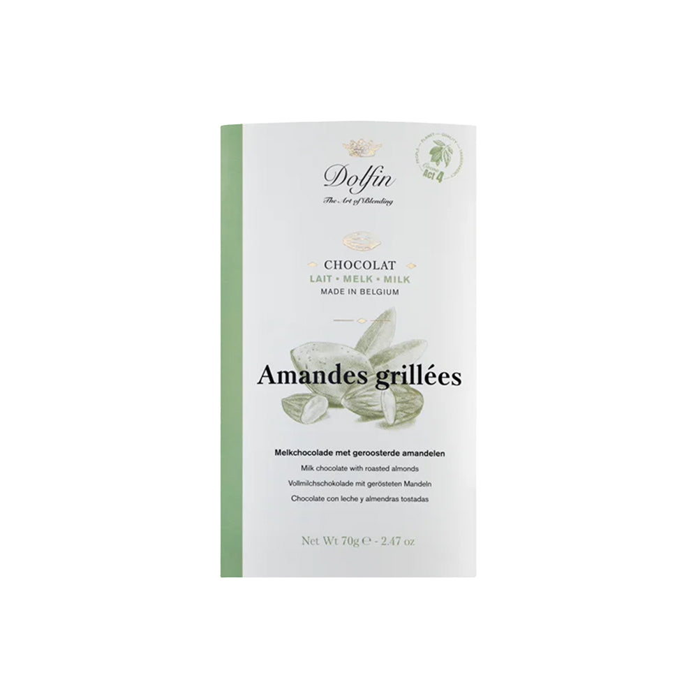 Dolfin Belgische Milchschokolade mit gerösteten Mandeln – ein glutenfreier Genuss.